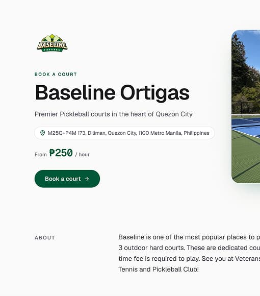 A venue's booking landing page with its name, hourly rate, location, and a Book a court button