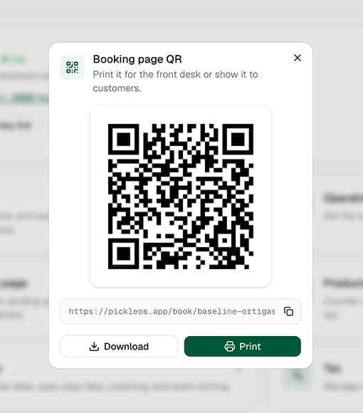 The booking page QR dialog with the shareable booking link, ready to print