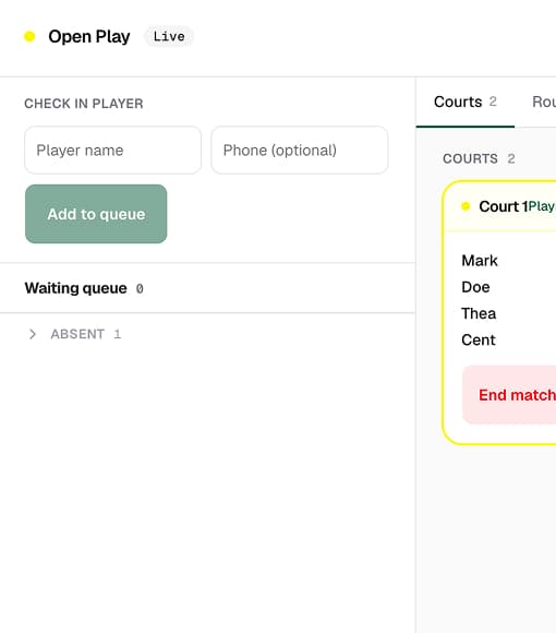 The open-play console showing player check-in, the waiting queue, and live courts