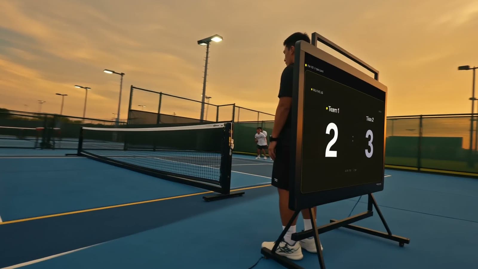 A player keeping score beside a live courtside scoreboard at golden hour