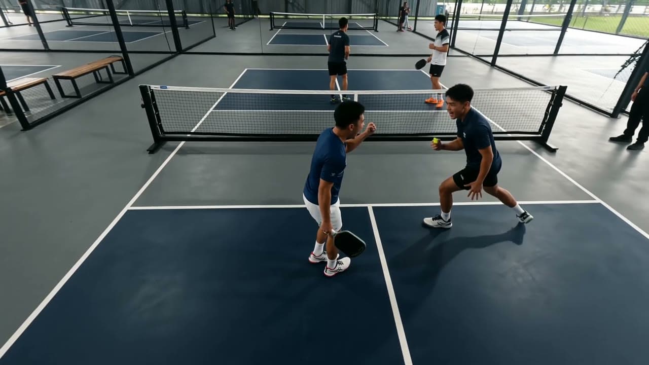 Doubles players fist-bumping between points with more courts in play behind them