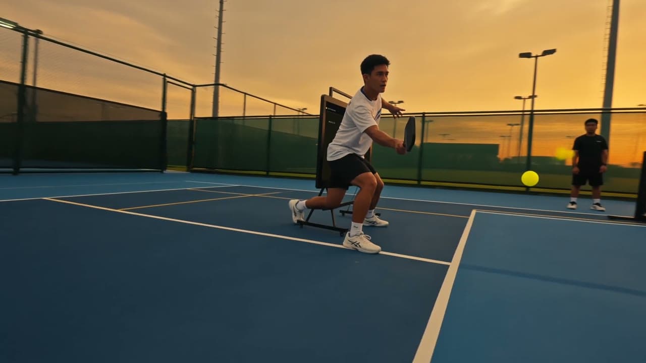 A busy multi-court pickleball venue at golden hour