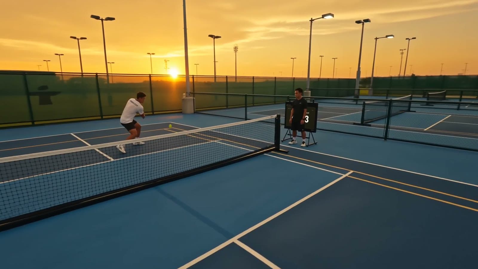 Wide view of several pickleball courts at dusk with a scoreboard on court